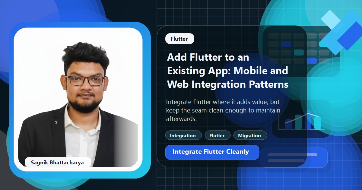 Coding Liquids blog cover featuring Sagnik Bhattacharya for adding Flutter to an existing app, with integration and migration visuals.