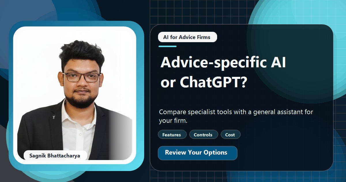 Coding Liquids tutorial cover featuring Sagnik Bhattacharya for Advice-Specific AI or ChatGPT: Which Should an Advice Firm Use?