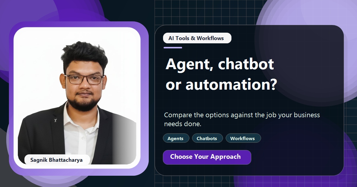 Coding Liquids tutorial cover featuring Sagnik Bhattacharya for AI Agent vs Chatbot vs Automation: Which Does Your Business Need?