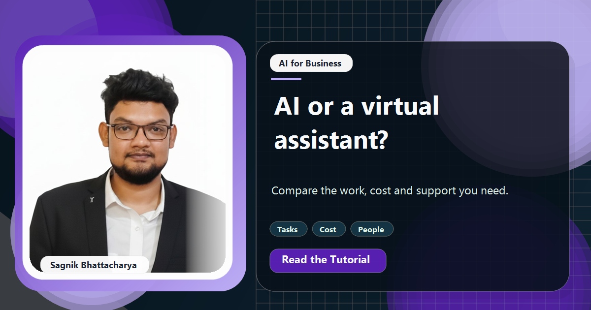 Coding Liquids tutorial cover featuring Sagnik Bhattacharya for AI Assistant vs Virtual Assistant: Which Should You Pay For?
