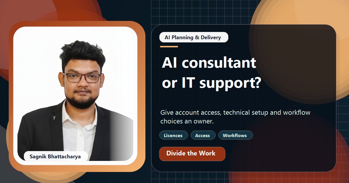 Coding Liquids tutorial cover featuring Sagnik Bhattacharya for AI Consultant vs Your IT Support Company: Who Should Handle AI?