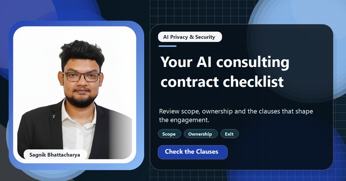 Coding Liquids tutorial cover featuring Sagnik Bhattacharya for AI Consulting Contracts: 9 Clauses to Check Before You Sign.