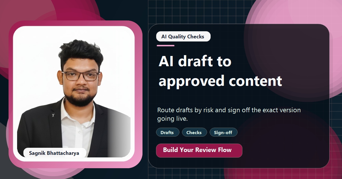 Coding Liquids tutorial cover featuring Sagnik Bhattacharya for AI Content Approval Workflow: Draft, Check, Sign Off.