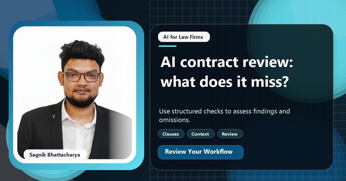 Coding Liquids tutorial cover featuring Sagnik Bhattacharya for AI Contract Review for Small Firms: What It Catches and Misses.