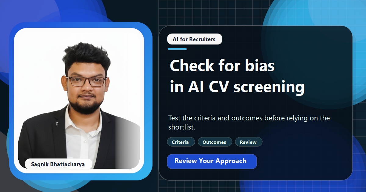 Coding Liquids tutorial cover featuring Sagnik Bhattacharya for Is AI CV Screening Fair? Bias Checks Every Recruiter Should Run.