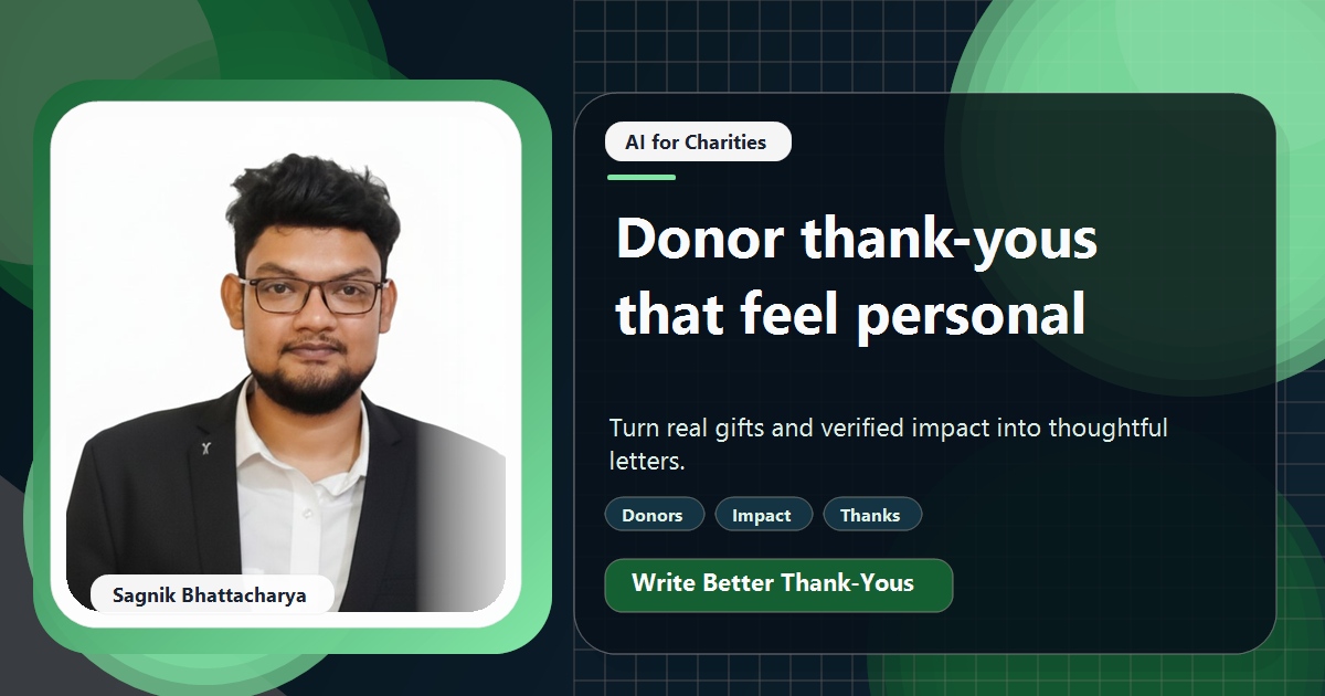 Coding Liquids tutorial cover featuring Sagnik Bhattacharya for Donor Thank-You Letters With AI That Still Feel Personal.