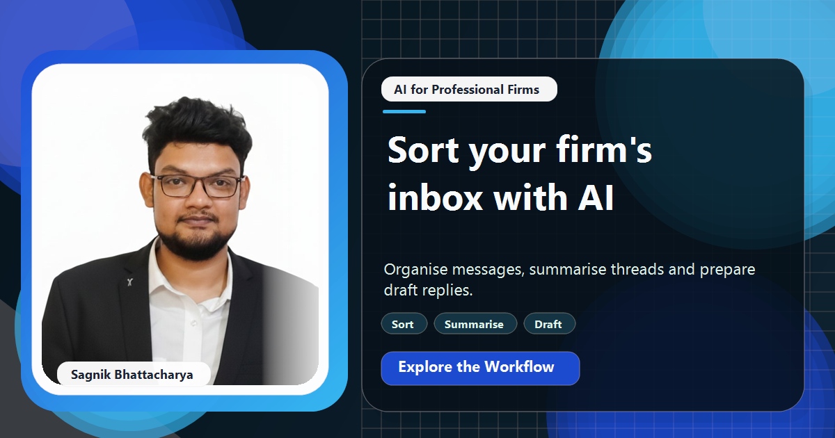 Coding Liquids tutorial cover featuring Sagnik Bhattacharya for AI Email Triage for Professional Firms: Sort, Summarise, Draft.