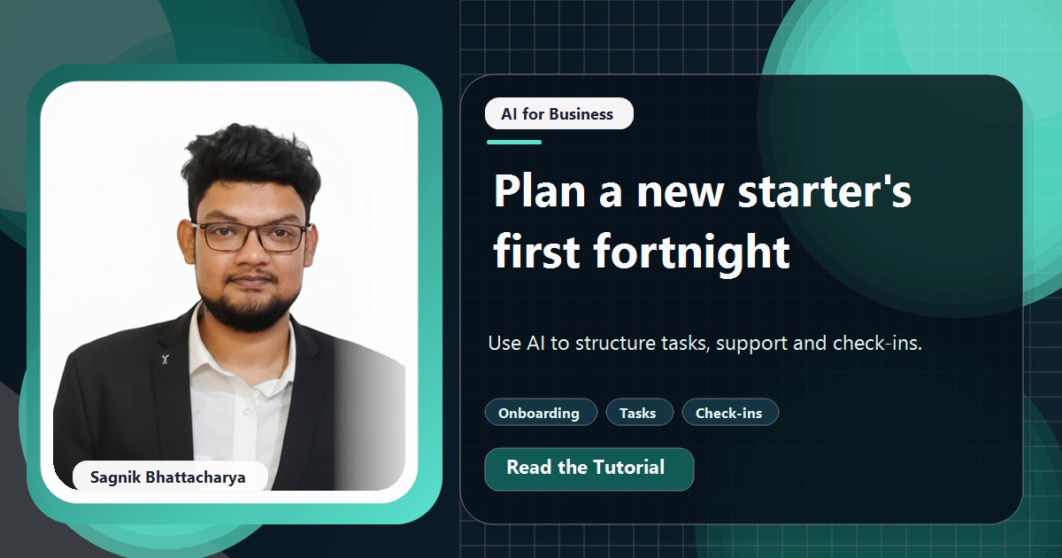 Coding Liquids tutorial cover featuring Sagnik Bhattacharya for AI Employee Onboarding: Plan a New Starter's First Two Weeks.