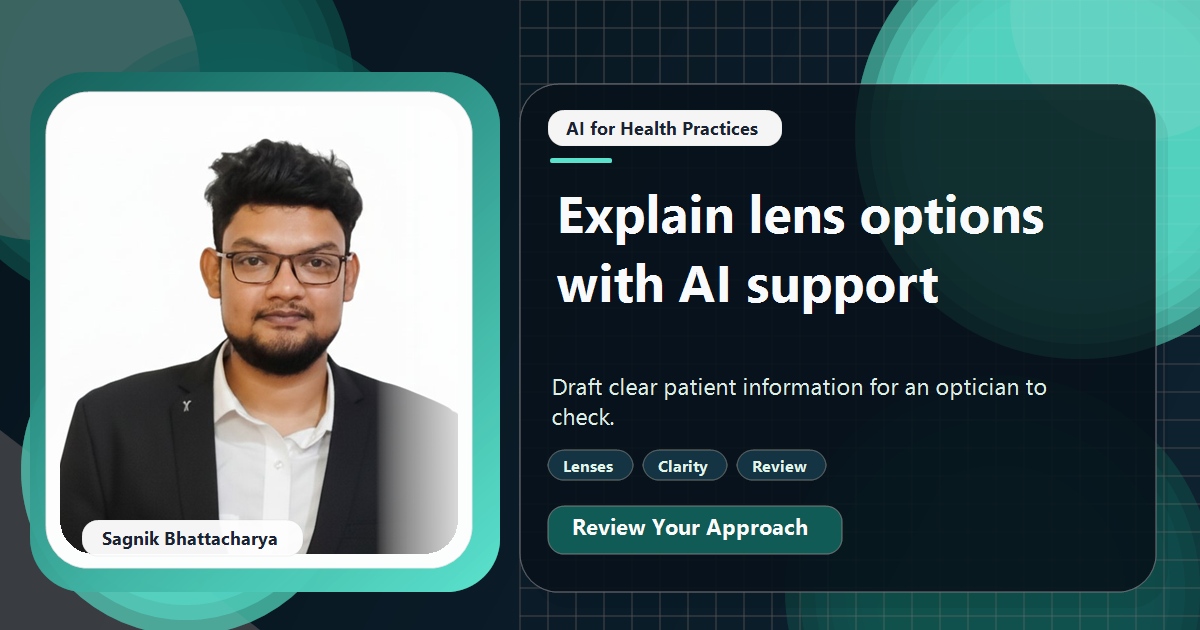 Coding Liquids tutorial cover featuring Sagnik Bhattacharya for Explaining Lens Options and Eye Test Results With AI Help.