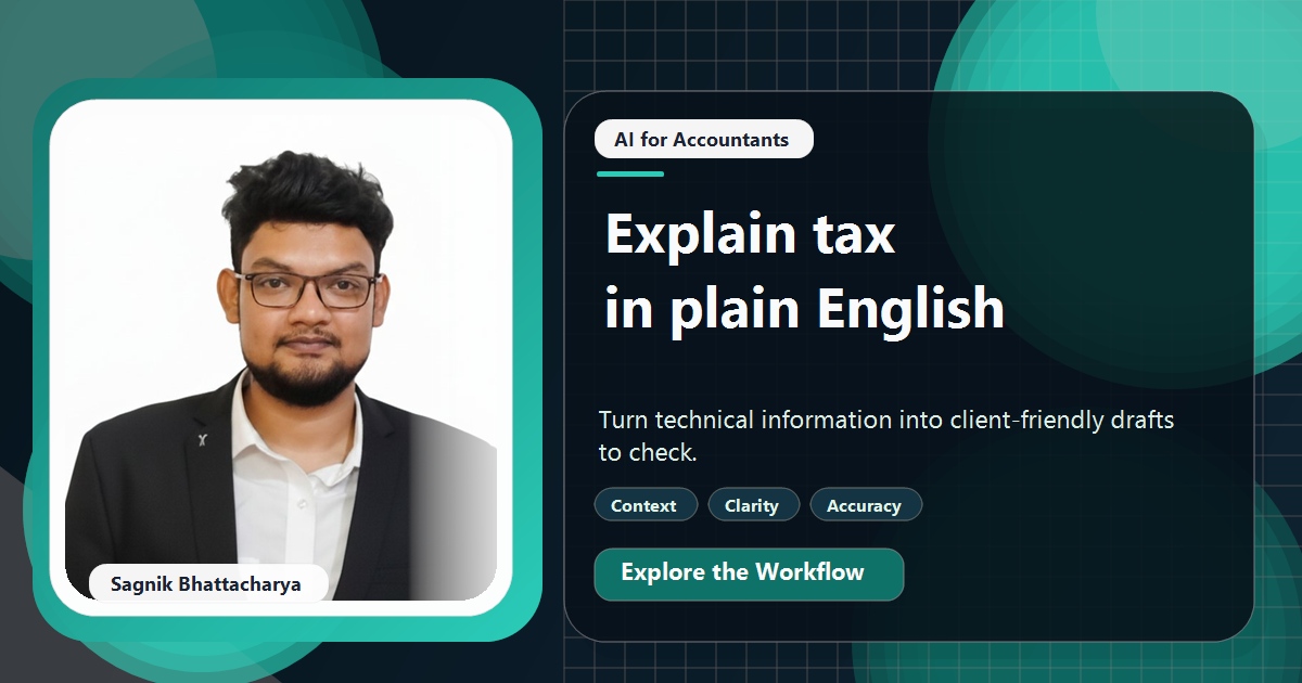 Coding Liquids tutorial cover featuring Sagnik Bhattacharya for How Accountants Use AI to Explain Tax to Clients in Plain English.