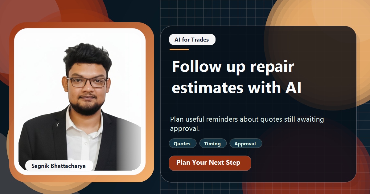 Coding Liquids tutorial cover featuring Sagnik Bhattacharya for Following Up Unapproved Repair Estimates With AI.
