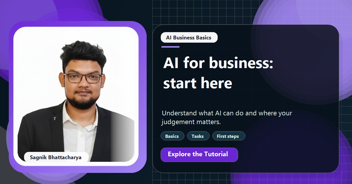 Coding Liquids tutorial cover featuring Sagnik Bhattacharya for AI for Small Business Owners: A Plain-English Beginner's Guide.