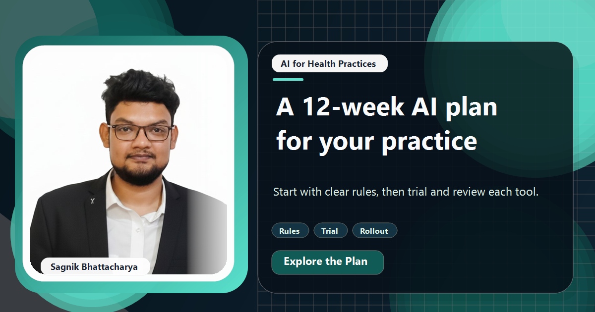 Coding Liquids tutorial cover featuring Sagnik Bhattacharya for A Worked AI Implementation Plan for a Small Medical Practice.