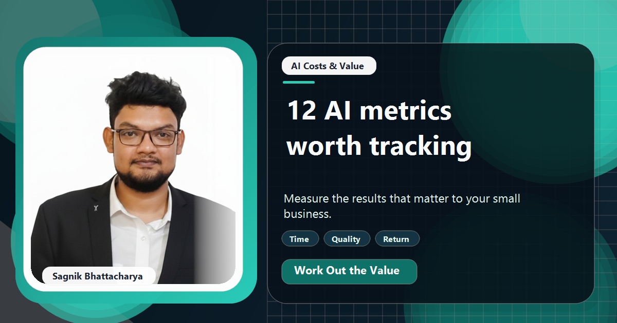Coding Liquids tutorial cover featuring Sagnik Bhattacharya for AI KPIs for Small Businesses: 12 Metrics Worth Tracking.