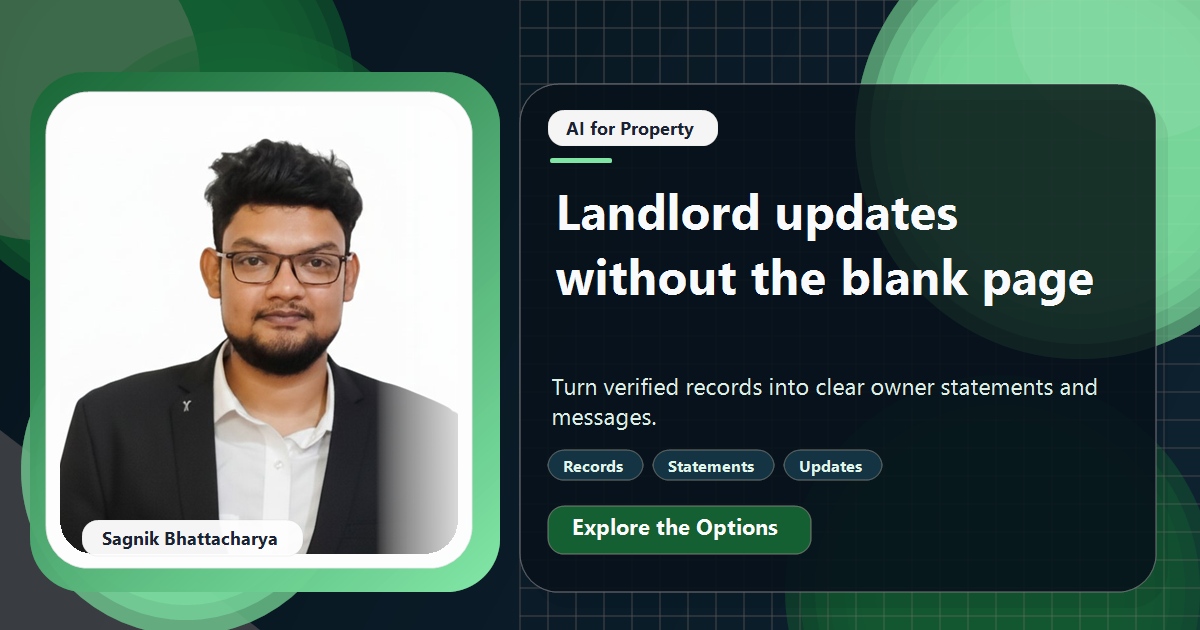 Coding Liquids tutorial cover featuring Sagnik Bhattacharya for AI Landlord Updates and Owner Statements in Minutes.