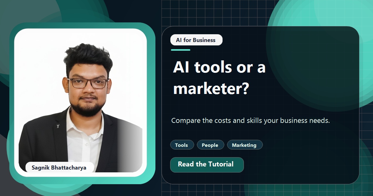 Coding Liquids tutorial cover featuring Sagnik Bhattacharya for AI Marketing Tools vs Hiring a Marketer: A Cost Comparison.
