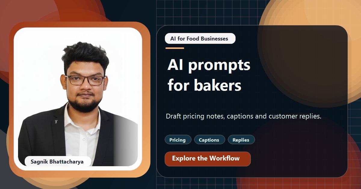Coding Liquids tutorial cover featuring Sagnik Bhattacharya for AI Prompts for Bakers: Pricing, Captions and Customer Replies.