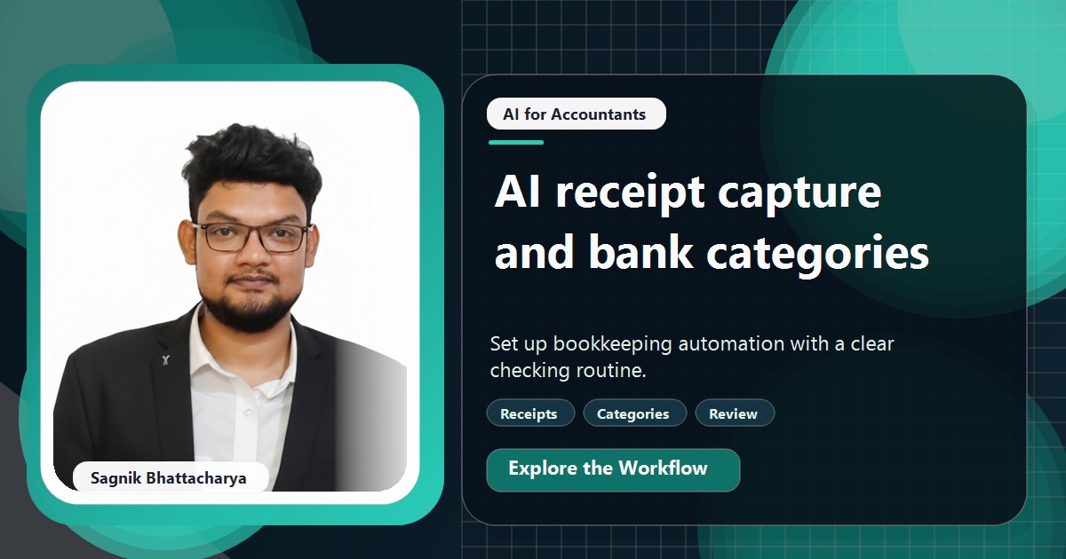 Coding Liquids tutorial cover featuring Sagnik Bhattacharya for AI Receipt Capture and Bank Categorisation: A Bookkeeper's Setup.