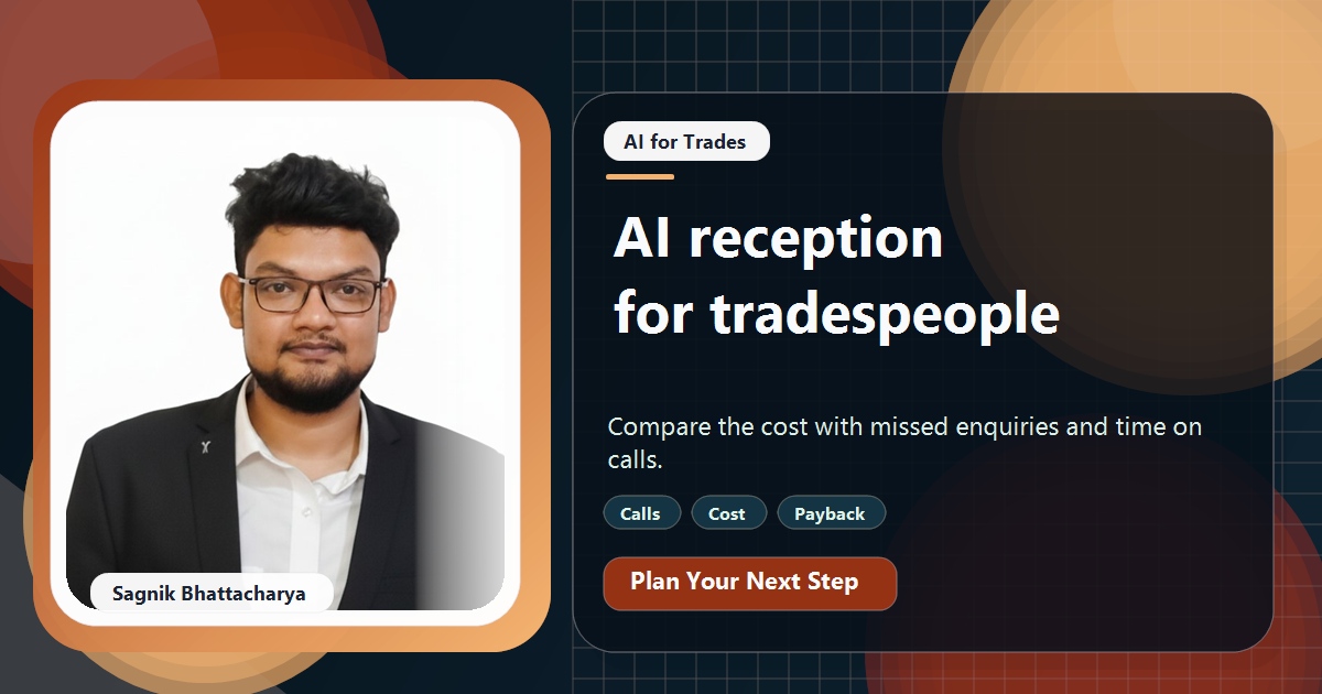 Coding Liquids tutorial cover featuring Sagnik Bhattacharya for AI Receptionist for Tradespeople: What It Costs and When It Pays.