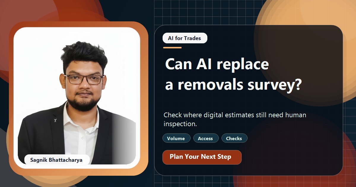 Coding Liquids tutorial cover featuring Sagnik Bhattacharya for Can AI Replace the Home Survey for a Removal Company?