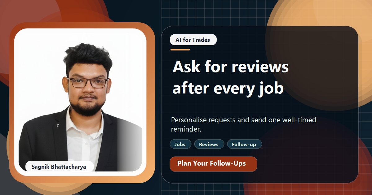 Coding Liquids tutorial cover featuring Sagnik Bhattacharya for Getting More Reviews After Every Job With AI Follow-Ups.