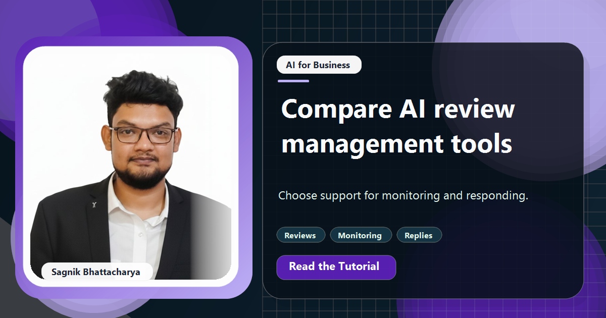 Coding Liquids tutorial cover featuring Sagnik Bhattacharya for AI Review Management Tools for Small Businesses (2026).