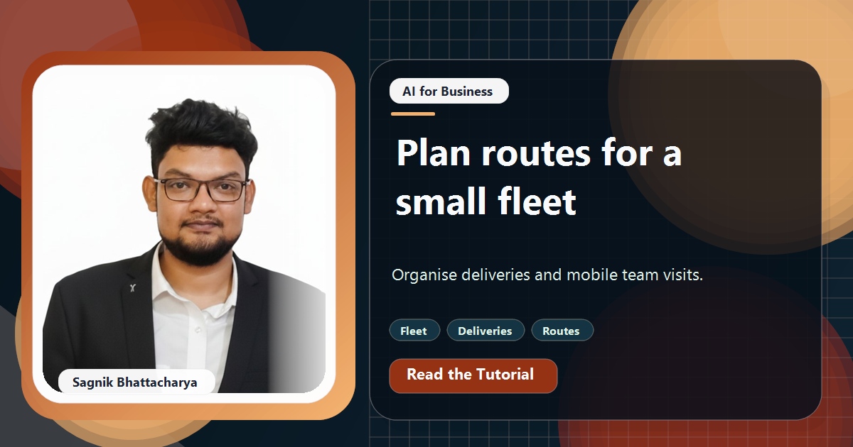 Coding Liquids tutorial cover featuring Sagnik Bhattacharya for AI Route Planning for Small Delivery Fleets and Mobile Teams.