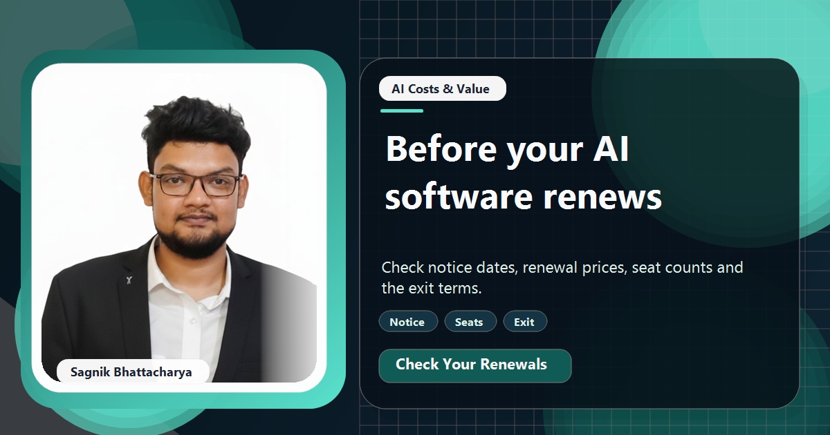 Coding Liquids tutorial cover featuring Sagnik Bhattacharya for AI Software Contracts: Auto-Renewals, Price Rises, Notice Periods.