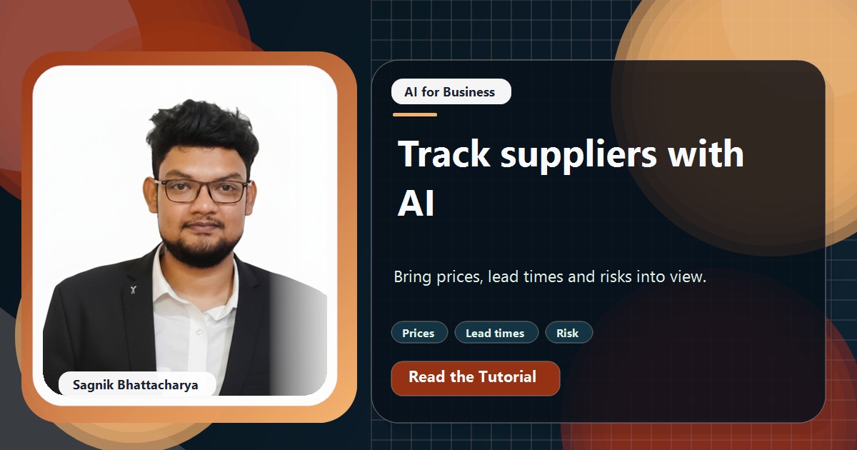 Coding Liquids tutorial cover featuring Sagnik Bhattacharya for AI Supplier Management: Track Prices, Lead Times, and Risk.