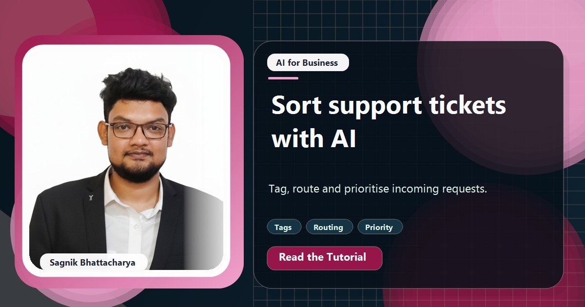 Coding Liquids tutorial cover featuring Sagnik Bhattacharya for AI Ticket Triage: Tag, Route, and Prioritise Support Requests.