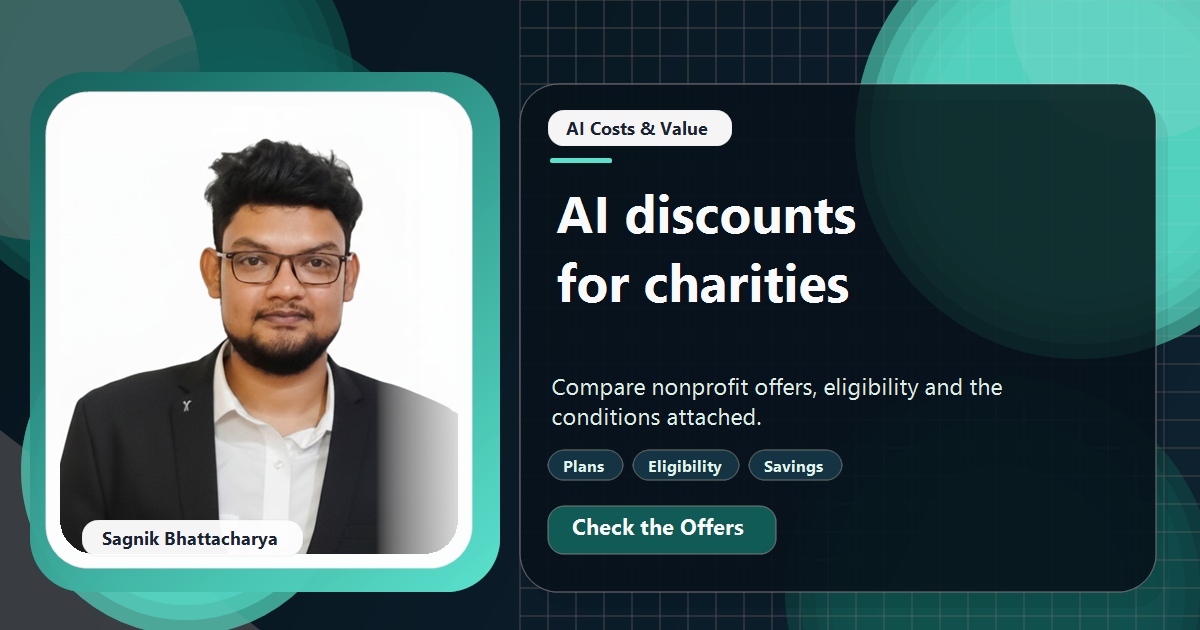 Coding Liquids tutorial cover featuring Sagnik Bhattacharya for AI Tool Discounts for Charities and Non-Profits: What to Claim.