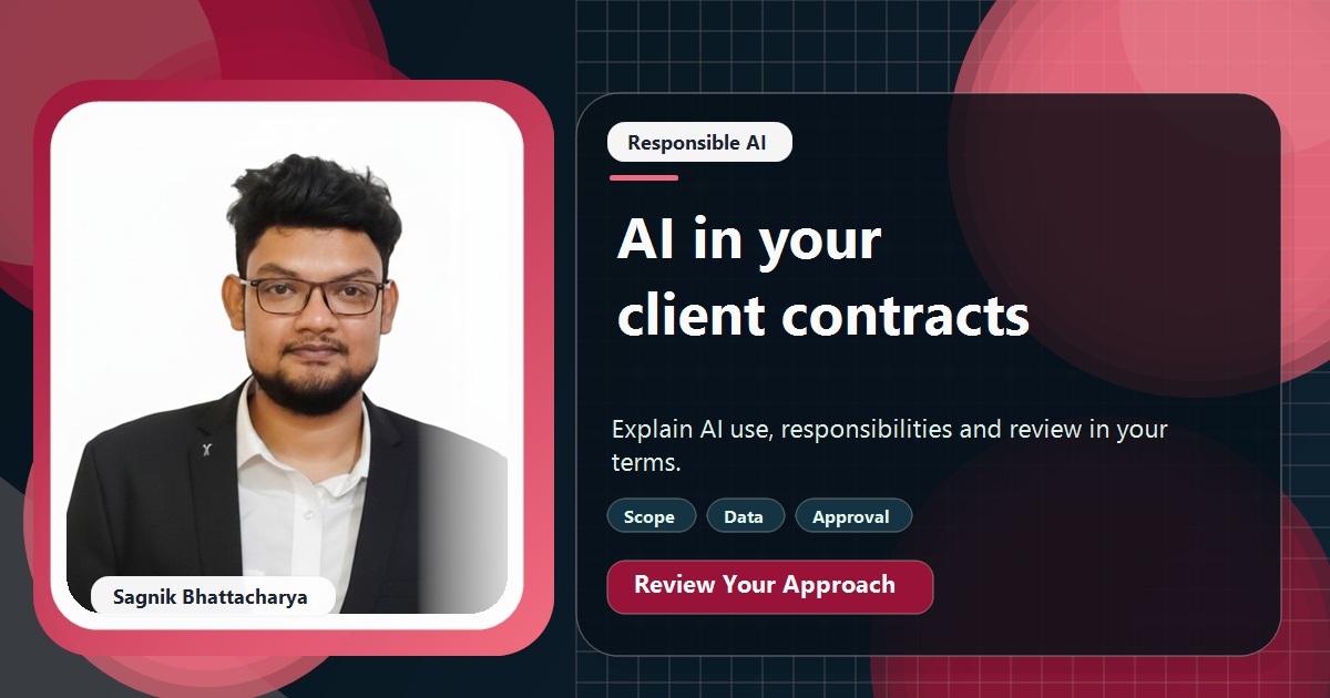 Coding Liquids tutorial cover featuring Sagnik Bhattacharya for How to Mention AI Use in Client Contracts and Proposals.