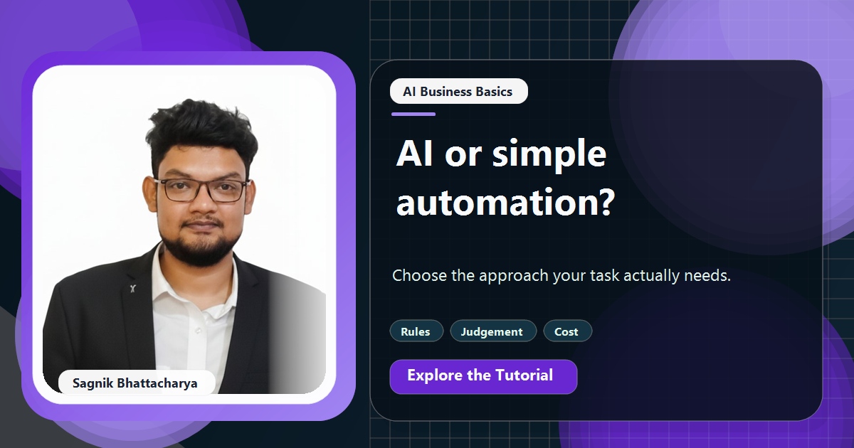 Coding Liquids tutorial cover featuring Sagnik Bhattacharya for AI vs Rule-Based Automation: Which Does Your Task Need?