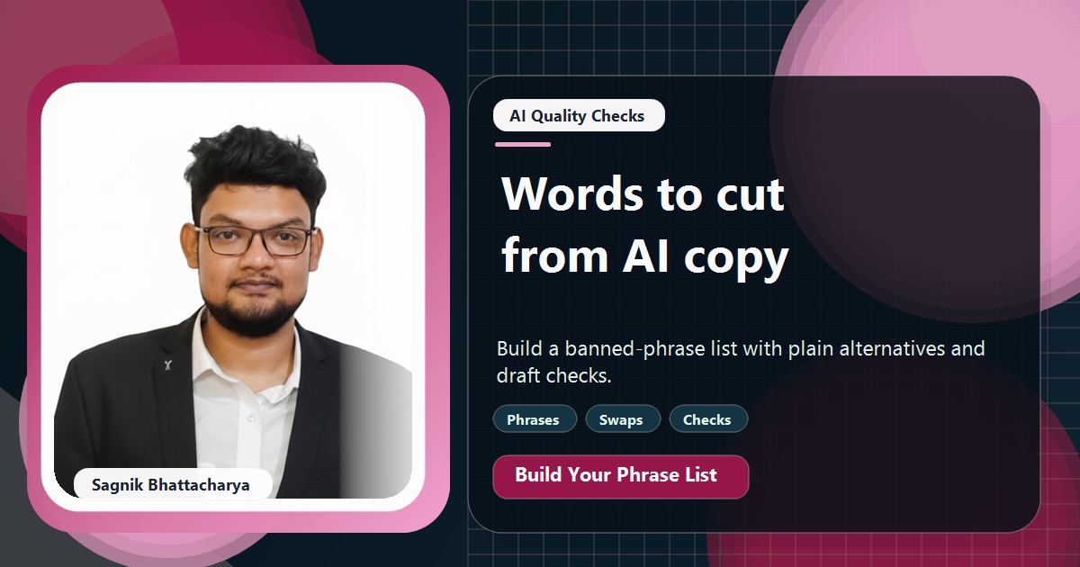 Coding Liquids tutorial cover featuring Sagnik Bhattacharya for AI Words to Avoid: A Banned-Phrase List for Your Brand.