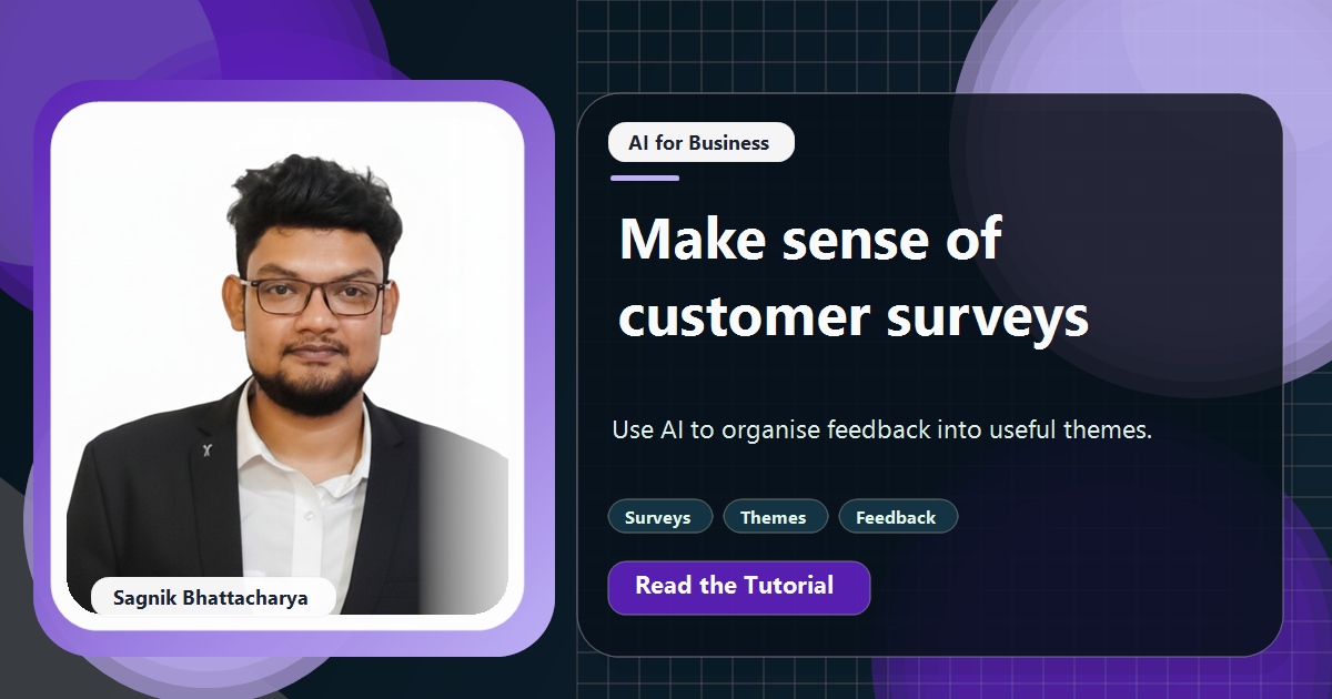 Coding Liquids tutorial cover featuring Sagnik Bhattacharya for How to Analyse Customer Feedback Surveys With AI.