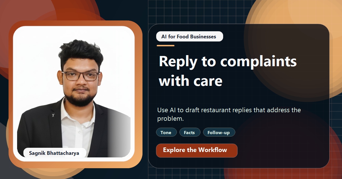 Coding Liquids tutorial cover featuring Sagnik Bhattacharya for How to Answer Restaurant Complaints With AI Without Escalating.
