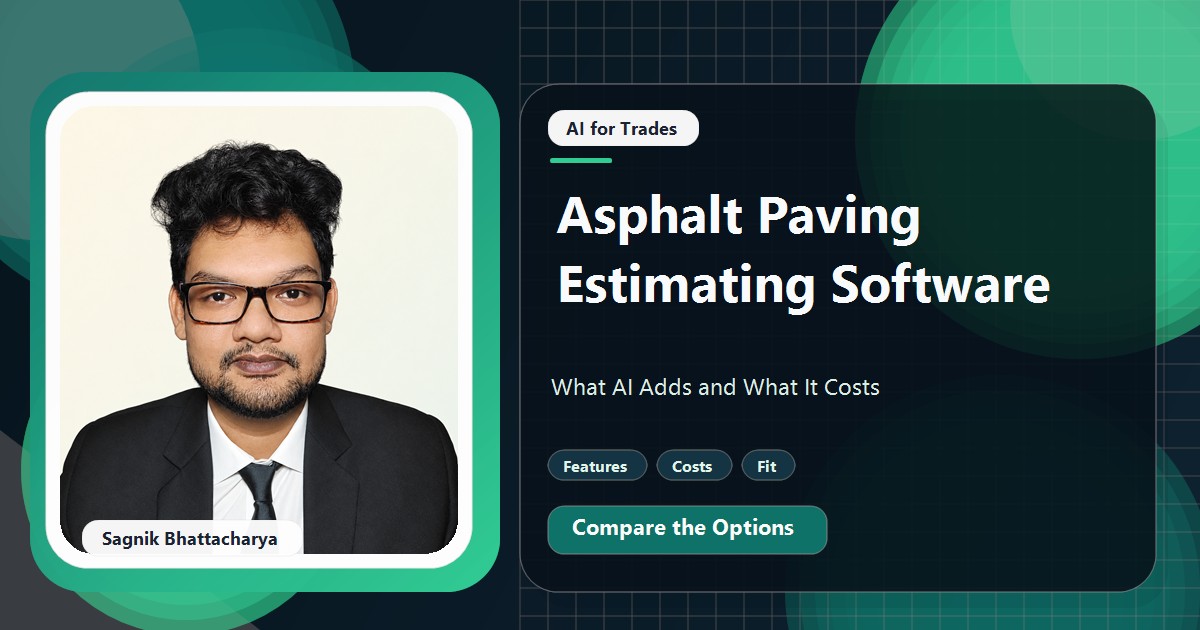 Coding Liquids tutorial cover featuring Sagnik Bhattacharya for Asphalt Paving Estimating Software: What AI Adds and What It Costs.