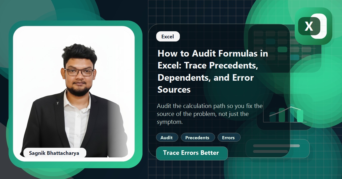 Coding Liquids blog cover featuring Sagnik Bhattacharya for auditing formulas in Excel, with dependency-trace and error-source visuals.