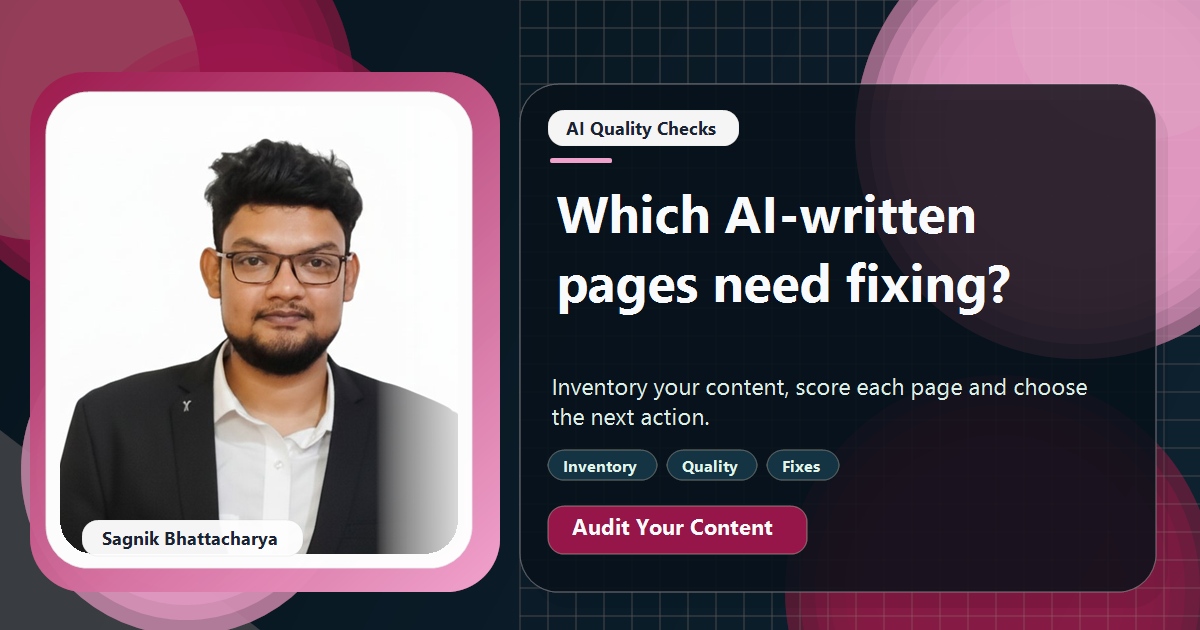 Coding Liquids tutorial cover featuring Sagnik Bhattacharya for How to Audit Your Website for AI Content That Needs Fixing.