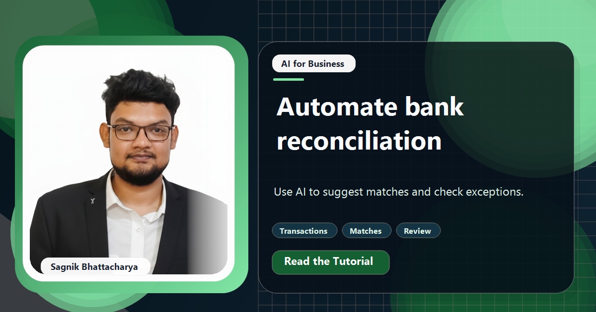 Coding Liquids tutorial cover featuring Sagnik Bhattacharya for How to Automate Bank Reconciliation With AI and Check the Matches.