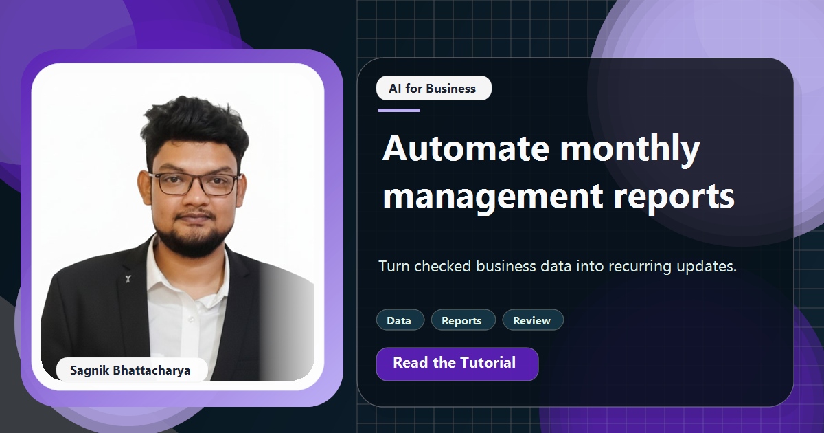 Coding Liquids tutorial cover featuring Sagnik Bhattacharya for How to Automate Monthly Management Reports With AI.