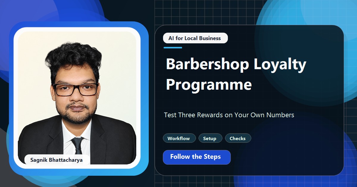 Coding Liquids tutorial cover featuring Sagnik Bhattacharya for Barbershop Loyalty Programme: Test Three Rewards on Your Own Numbers.