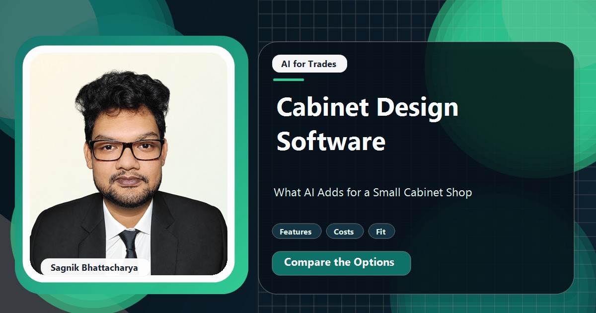 Coding Liquids tutorial cover featuring Sagnik Bhattacharya for Cabinet Design Software: What AI Adds for a Small Cabinet Shop.