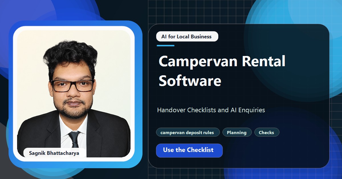 Coding Liquids tutorial cover featuring Sagnik Bhattacharya for Campervan Rental Software: Handover Checklists and AI Enquiries.