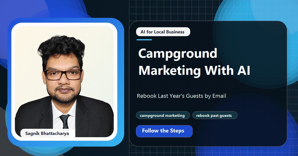 Coding Liquids tutorial cover featuring Sagnik Bhattacharya for Campground Marketing With AI: Rebook Last Year's Guests by Email.