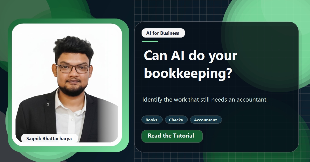 Coding Liquids tutorial cover featuring Sagnik Bhattacharya for Can AI Do My Bookkeeping? What Still Needs an Accountant.