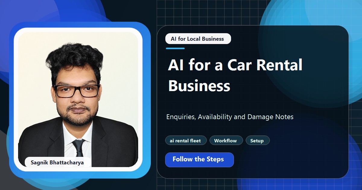 Coding Liquids tutorial cover featuring Sagnik Bhattacharya for AI for a Car Rental Business: Enquiries, Availability and Damage Notes.
