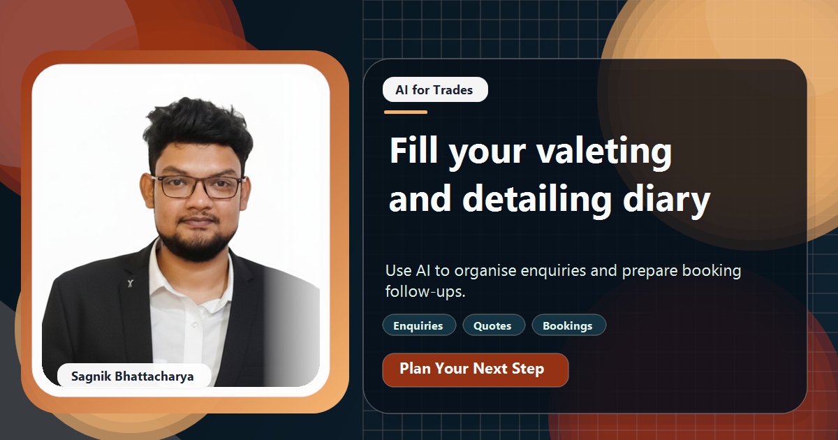 Coding Liquids tutorial cover featuring Sagnik Bhattacharya for How Car Valeting and Detailing Firms Use AI to Fill the Diary.