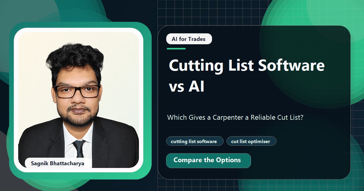 Coding Liquids tutorial cover featuring Sagnik Bhattacharya for Cutting List Software vs AI: Which Gives a Carpenter a Reliable Cut List?