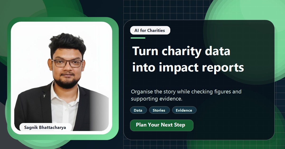 Coding Liquids tutorial cover featuring Sagnik Bhattacharya for Turning Charity Data Into Impact Reports With AI.